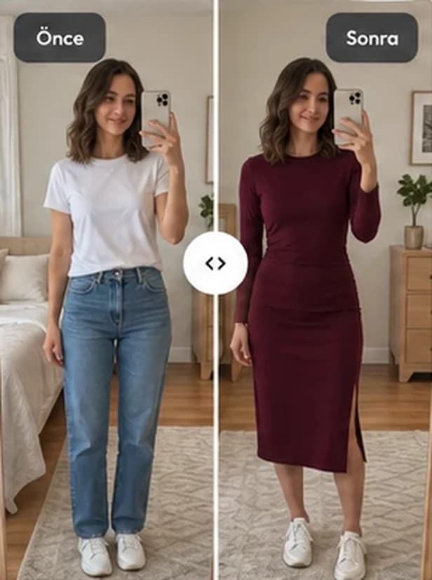 Aynada-Anprobe: vorher ein Spiegel-Selfie, nachher dasselbe Foto mit einem bordeauxroten Midikleid